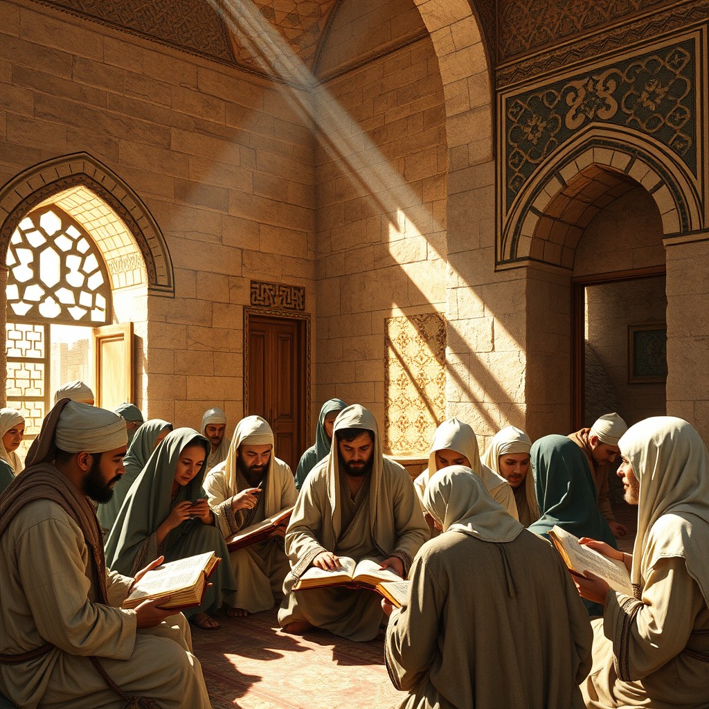 A historical scene depicting students in a Seljuk madrasa during the 11th century