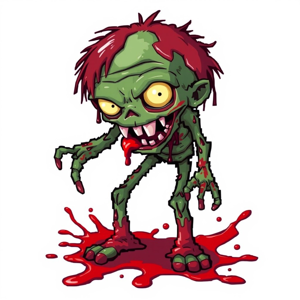 A detailed illustration of a pixelated zombie, dripping with blood and featuring vivid colors to emphasize the horror aspect, standing against a stark white background