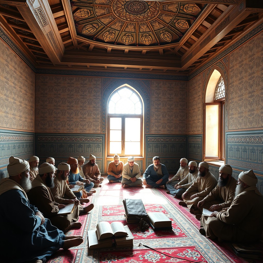 In an 11th-century Seljuk madrasa, male students are gathered attentively in a traditional classroom setting