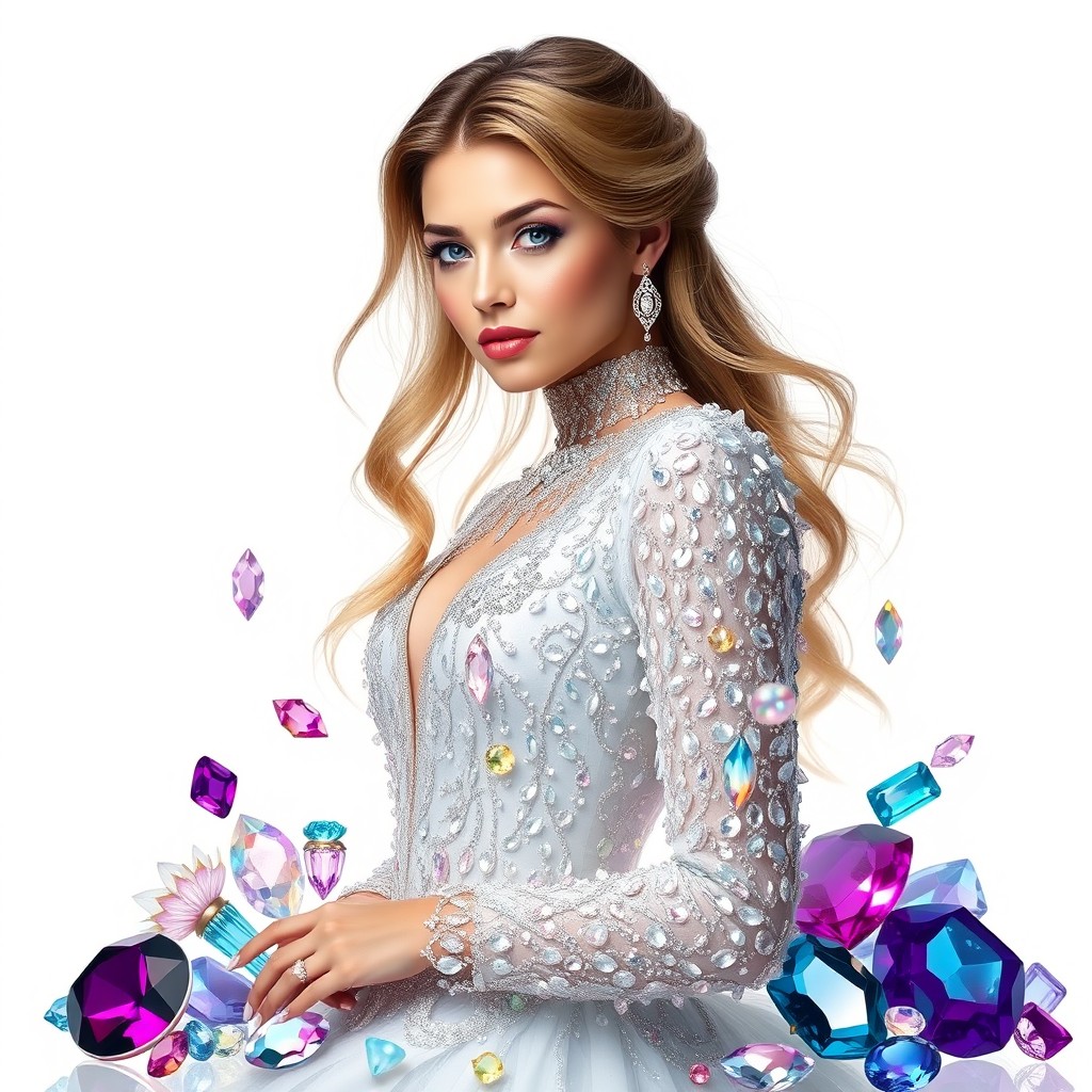 A captivating scene featuring the Duchess of Crystal Tears, elegantly posed against a pure white background