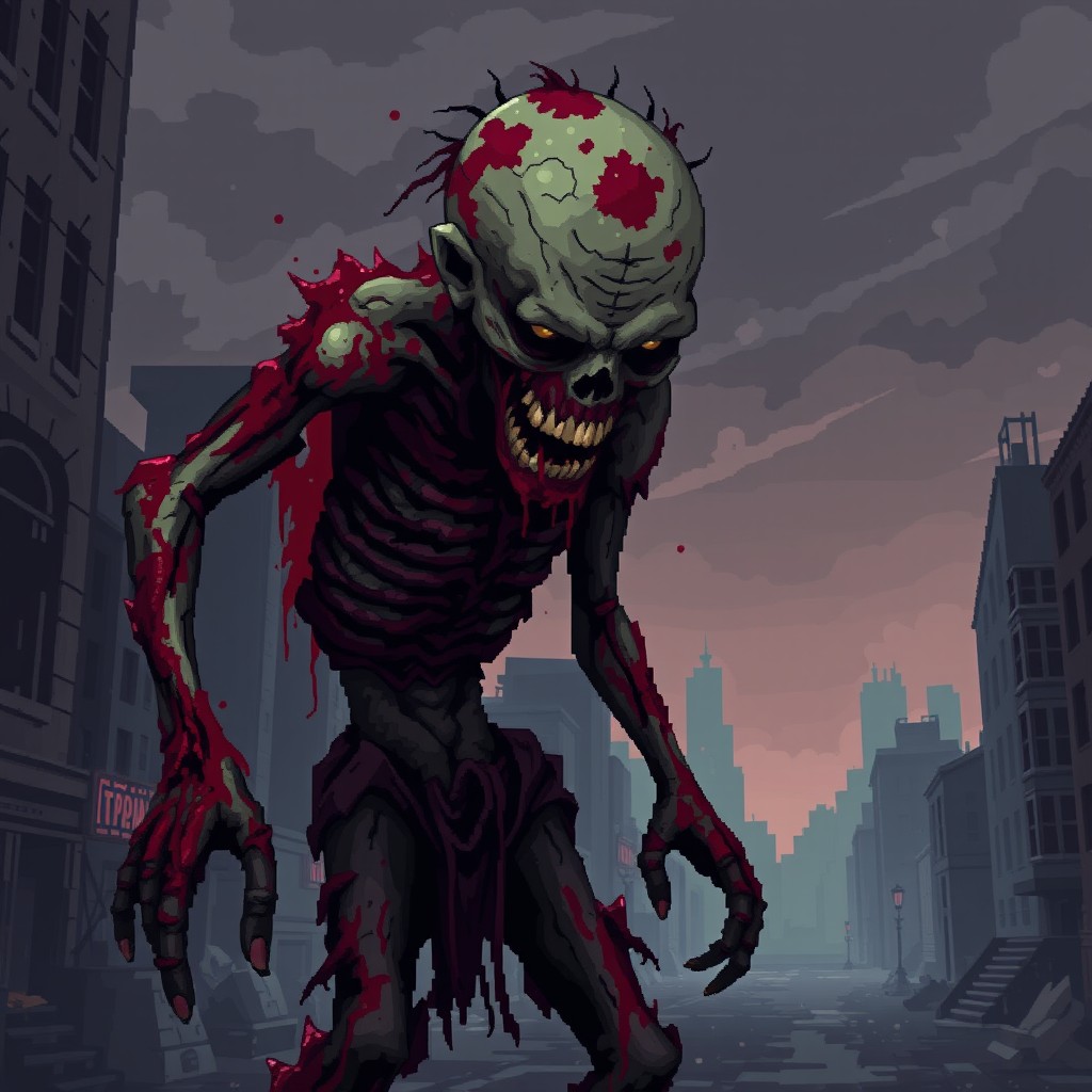 A terrifying pixelated zombie, covered in dark red blood and showing a menacing expression