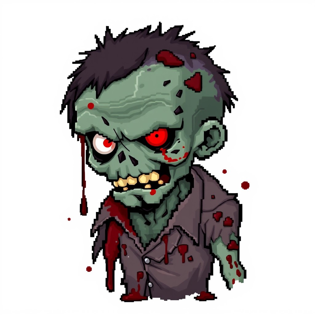 A detailed and artistic representation of a pixelated zombie with a bloody and decaying appearance, set against a clean white background