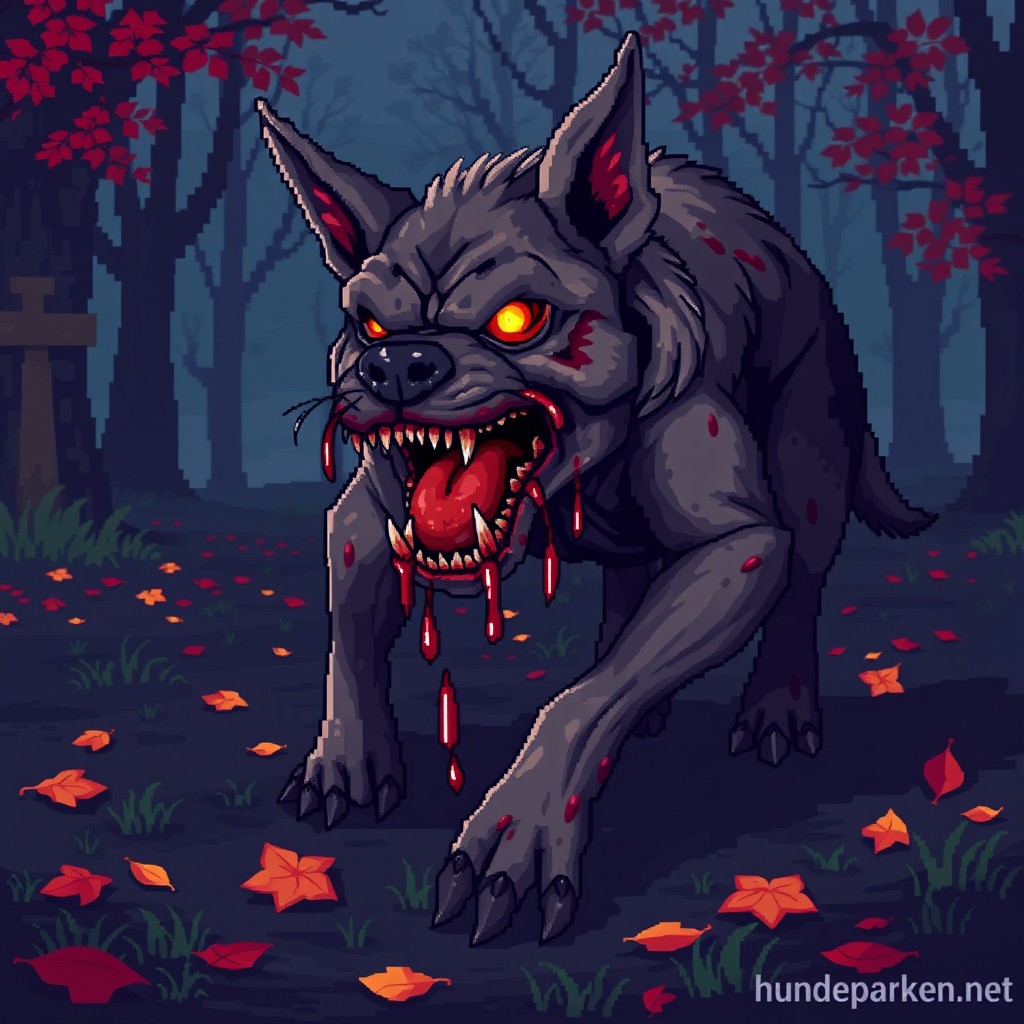 A menacing pixel art zombie dog, featuring gory details like dripping blood and tattered fur