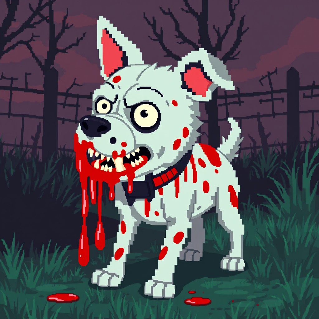 A terrifying pixelated zombie dog, with bright red, dripping blood and a decaying, pixelated body