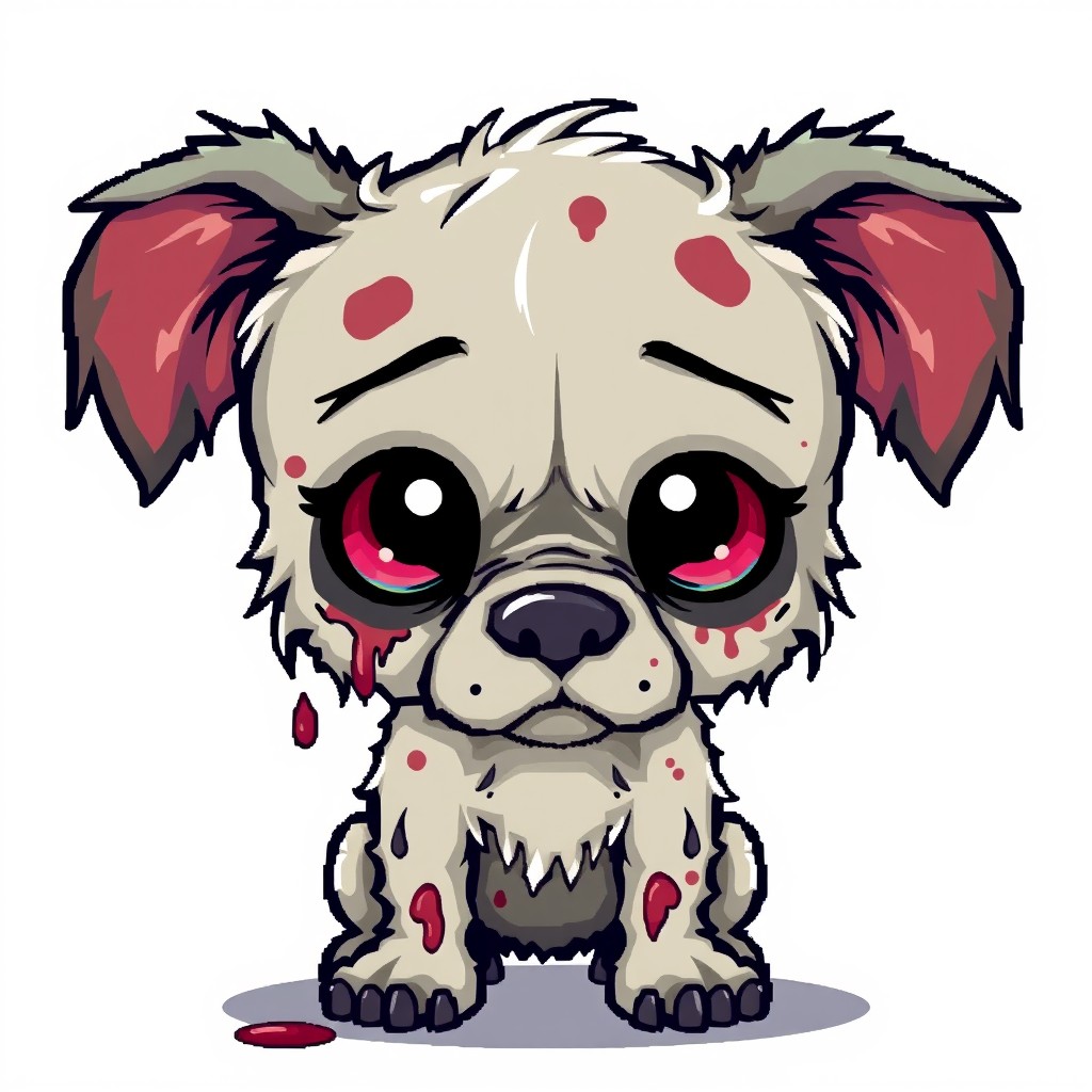 A cute pixel art style zombie dog with a charmingly disheveled look, featuring vibrant colors and adorable big eyes