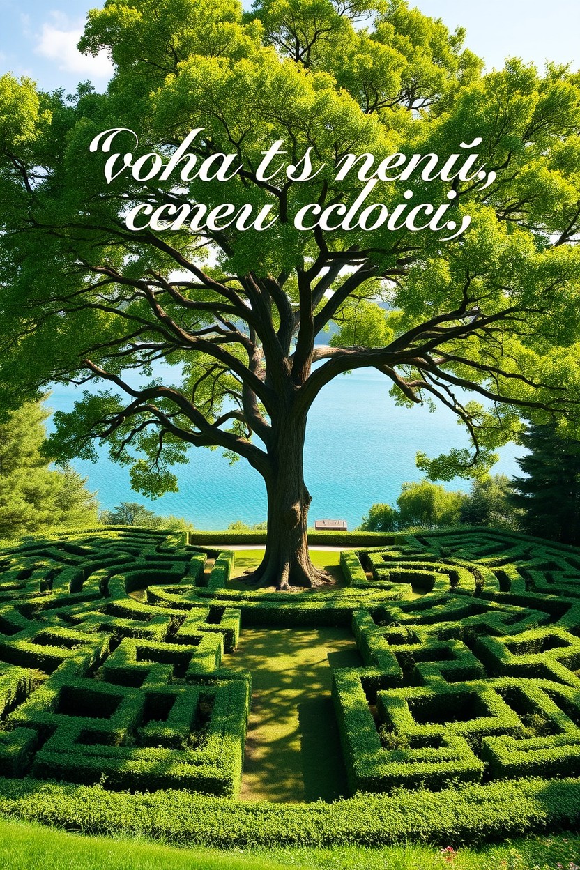 A vast labyrinth surrounded by lush greenery, leading to a serene lake with crystal-clear water