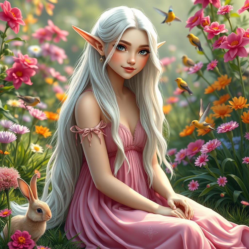 A beautiful adult elf princess with long flowing white hair and a delicate European face, featuring a gentle small smile, sitting gracefully on the ground in a vibrant garden