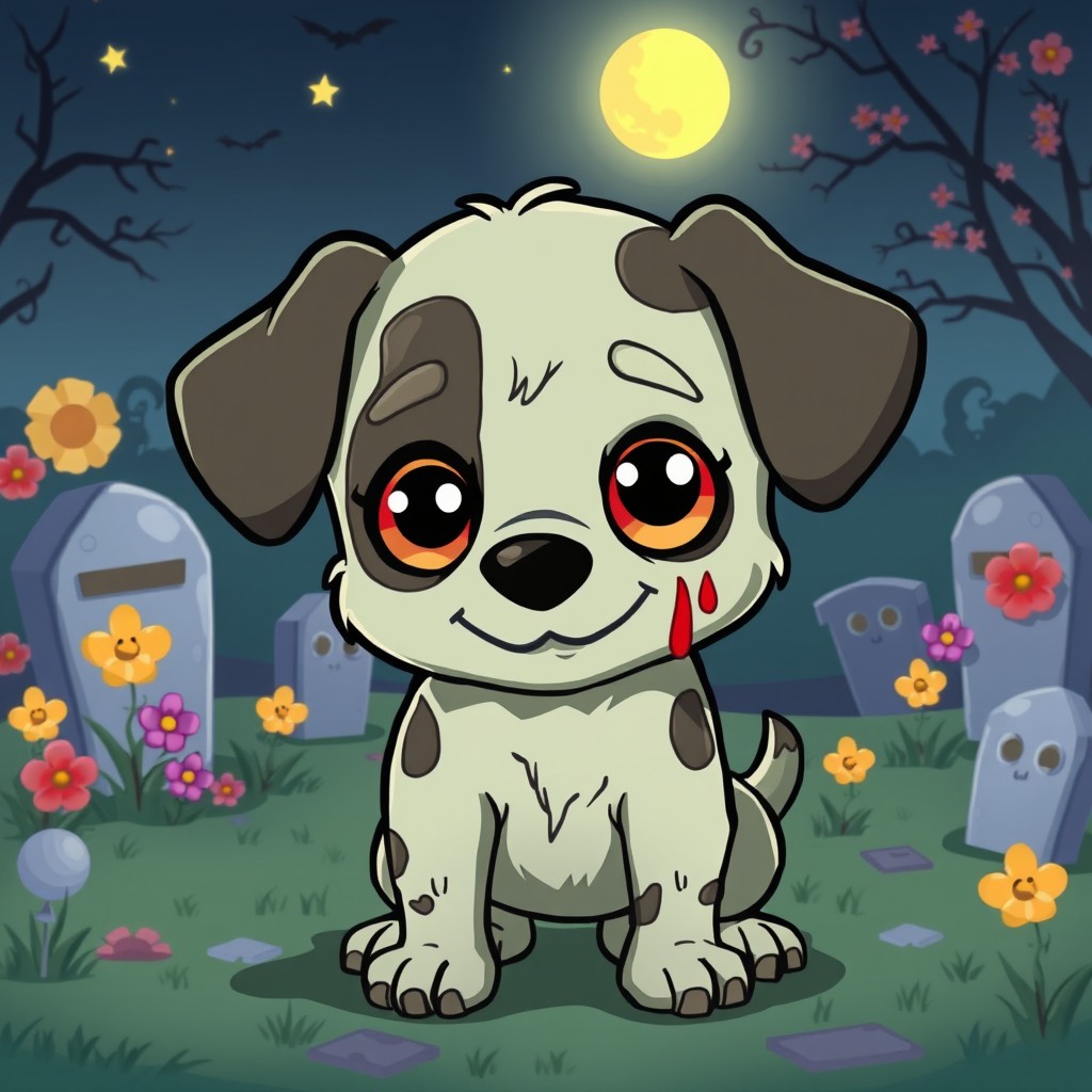 A cute cartoon-style dog depicted as a friendly zombie, with a gentle smile despite its undead nature