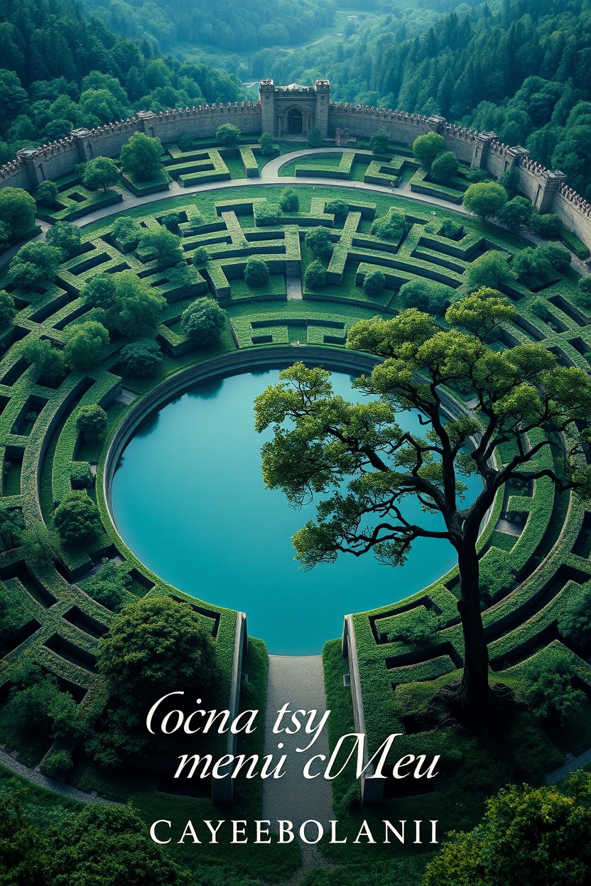 A large, intricate labyrinth featuring an expansive lake at its center, surrounded by lush greenery