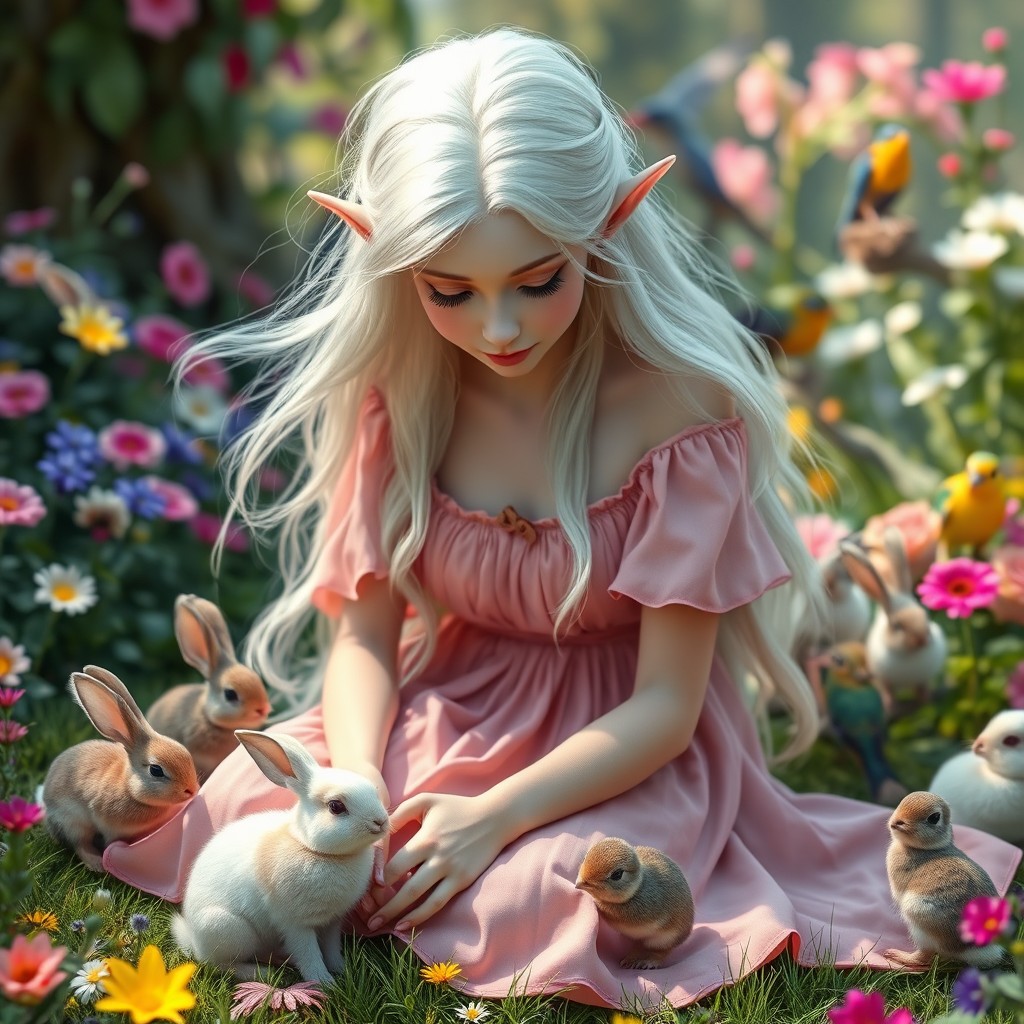A beautiful adult pale elf princess with flowing white hair and a delicate European face, wearing a pink dress, is sitting gracefully on the ground in a vibrant garden surrounded by fluffy rabbits and colorful birds
