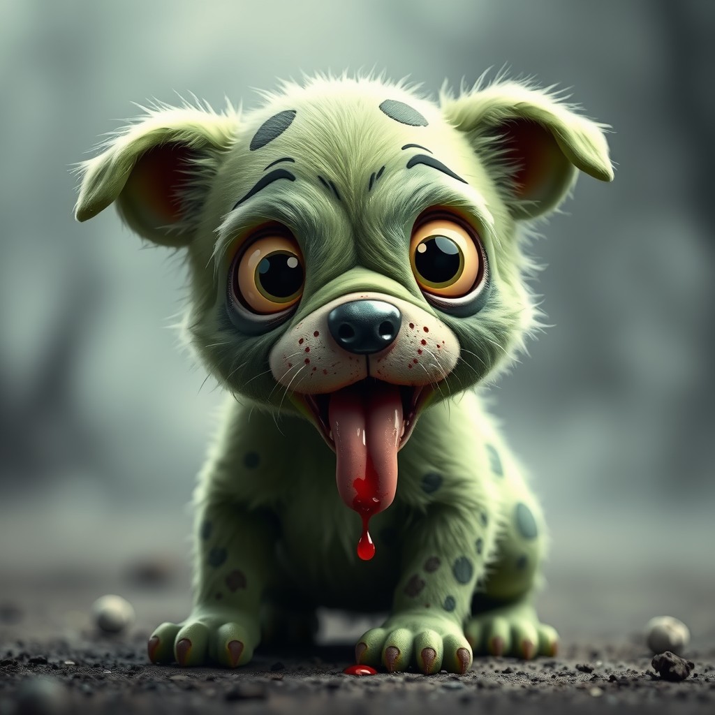 A cute green zombie puppy with big, expressive eyes and a playful demeanor