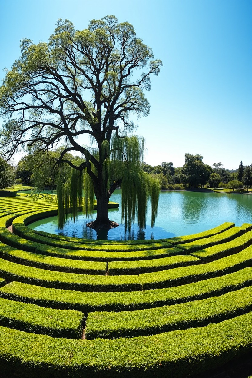 A serene labyrinth surrounding a tranquil lake with a large, majestic tree standing in the center