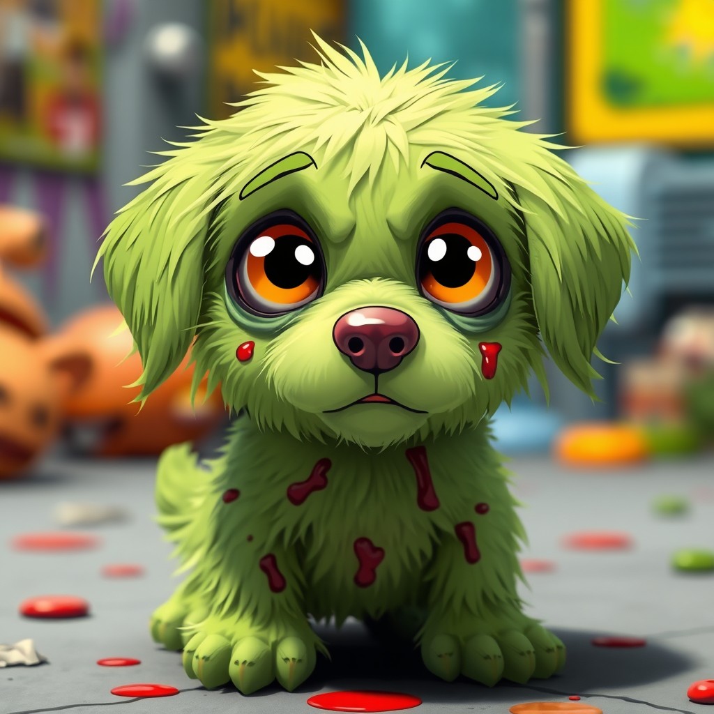 A cute green zombie puppy with big, expressive eyes, featuring pixelated blood accents on its fur