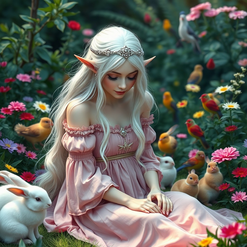 A beautiful adult pale elf princess with flowing white hair and a delicate European face, adorned with a silver ring crown, is wearing a lovely pink dress