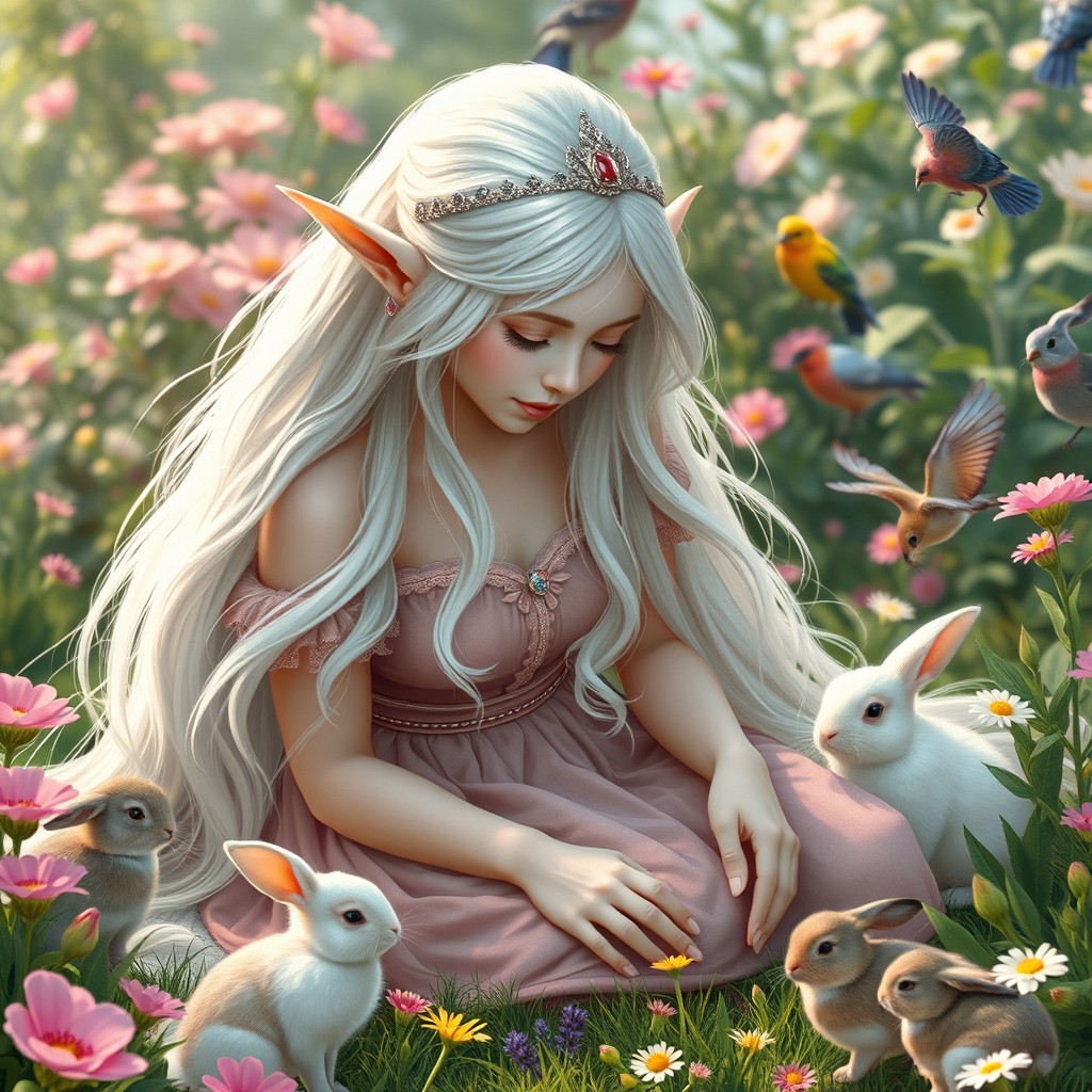 A beautiful adult pale elf princess with flowing white hair and a delicate European face, adorned with a silver ring crown, is sitting gracefully on the ground in a lush garden