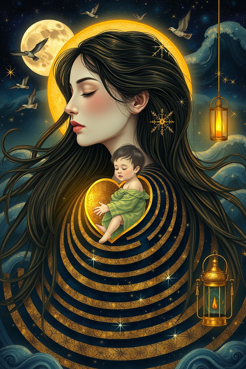 A young woman with closed eyes in the foreground, her body a labyrinth with a child residing within her heart