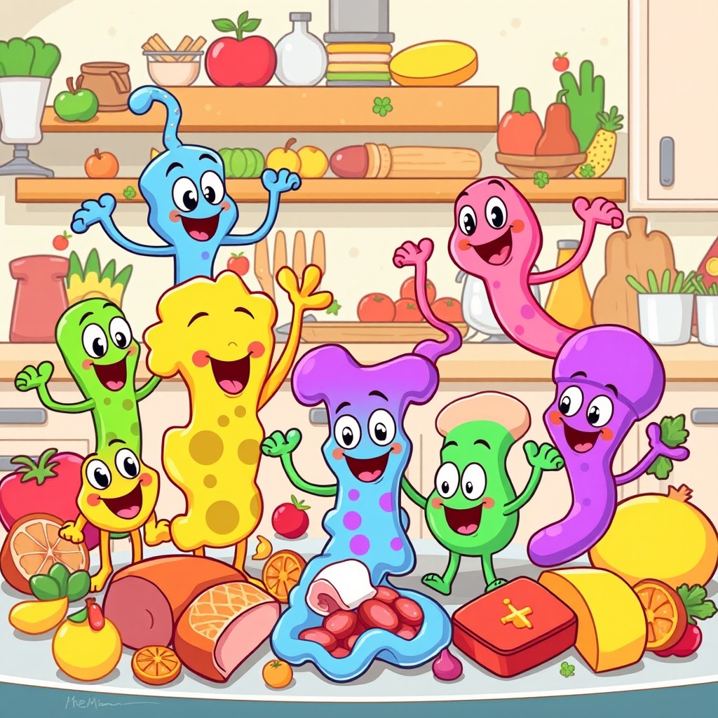 A vibrant and colorful cartoon-style illustration depicting various enzymes as friendly characters actively assisting in the breakdown of different types of food
