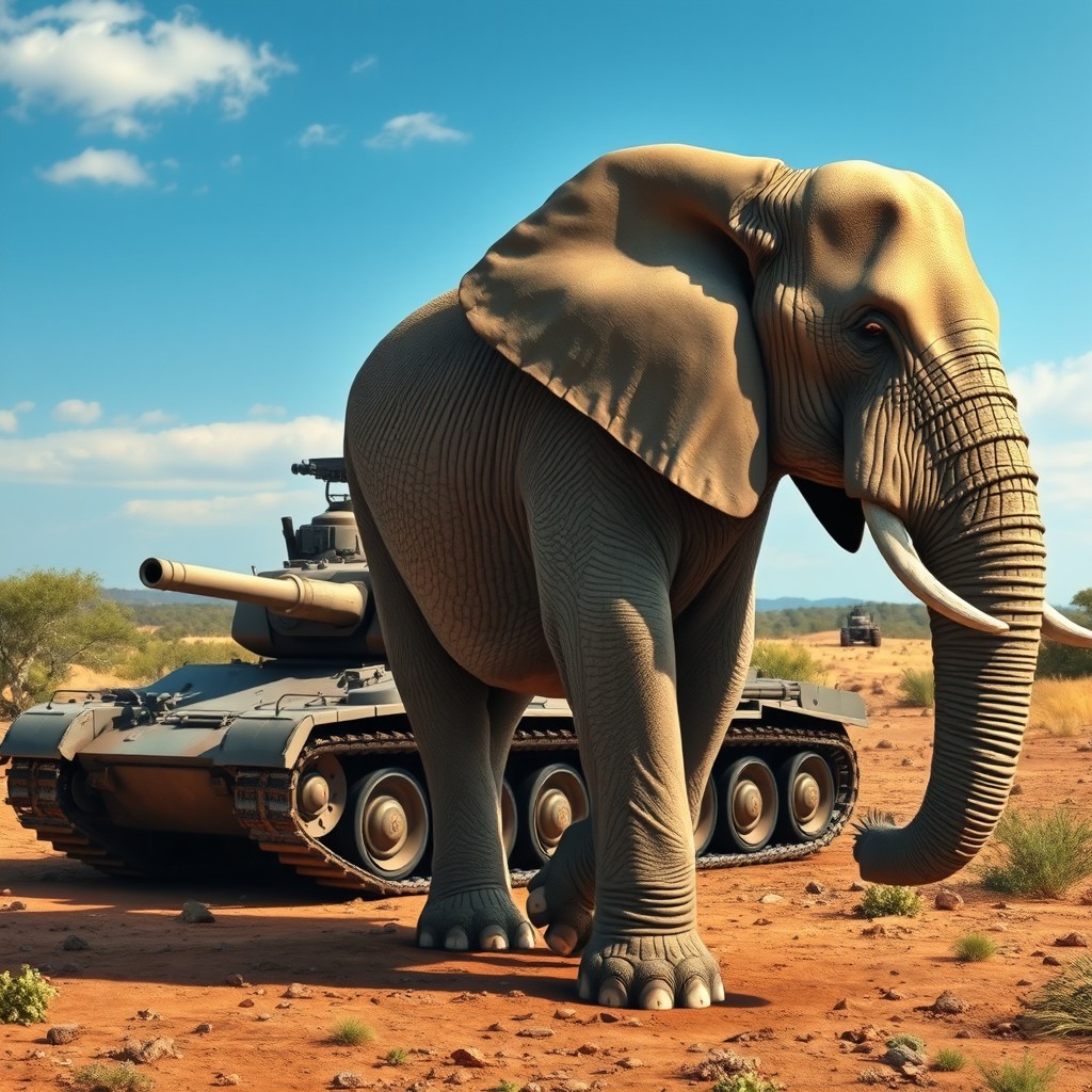 A highly realistic depiction of an elephant standing majestically near an army tank in a natural environment