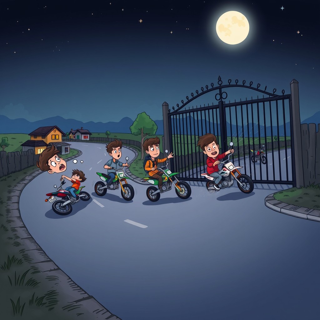 A cartoon-style illustration depicting a dramatic midnight motorbike accident involving three teenage boys on a narrow, winding road in a semi-village setting