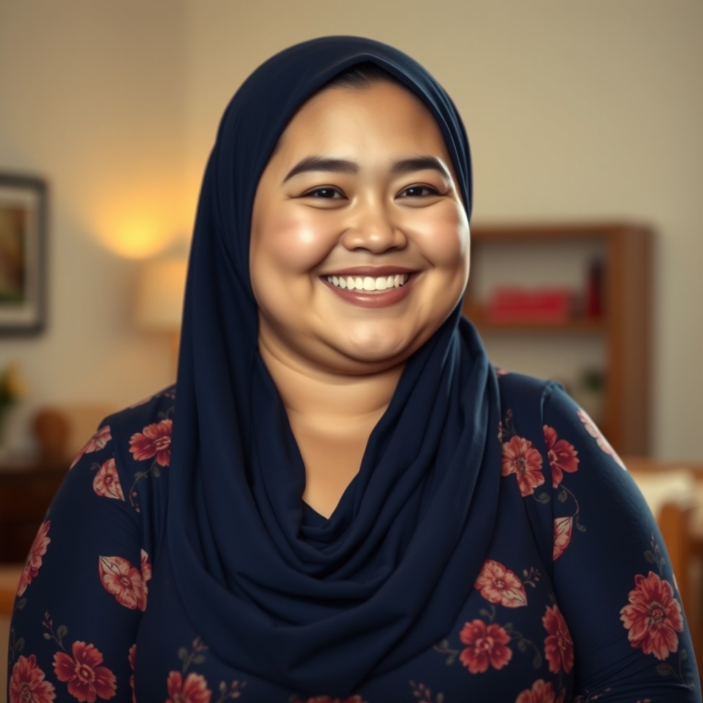 A plus-size woman with fair skin and a bright, happy smile