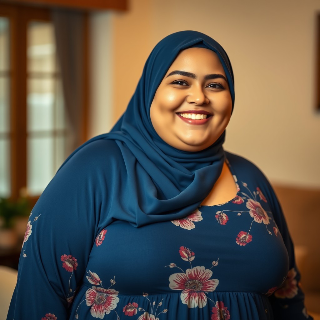 A plus-size woman with fair skin and a bright, happy smile