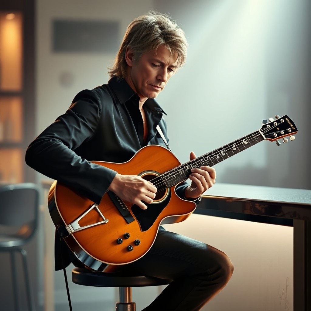 A realistic depiction of singer John Bon Jovi sitting on a bar stool while playing his guitar