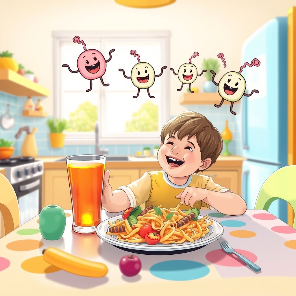 A whimsical scene of a child happily eating a meal at a colorful dining table