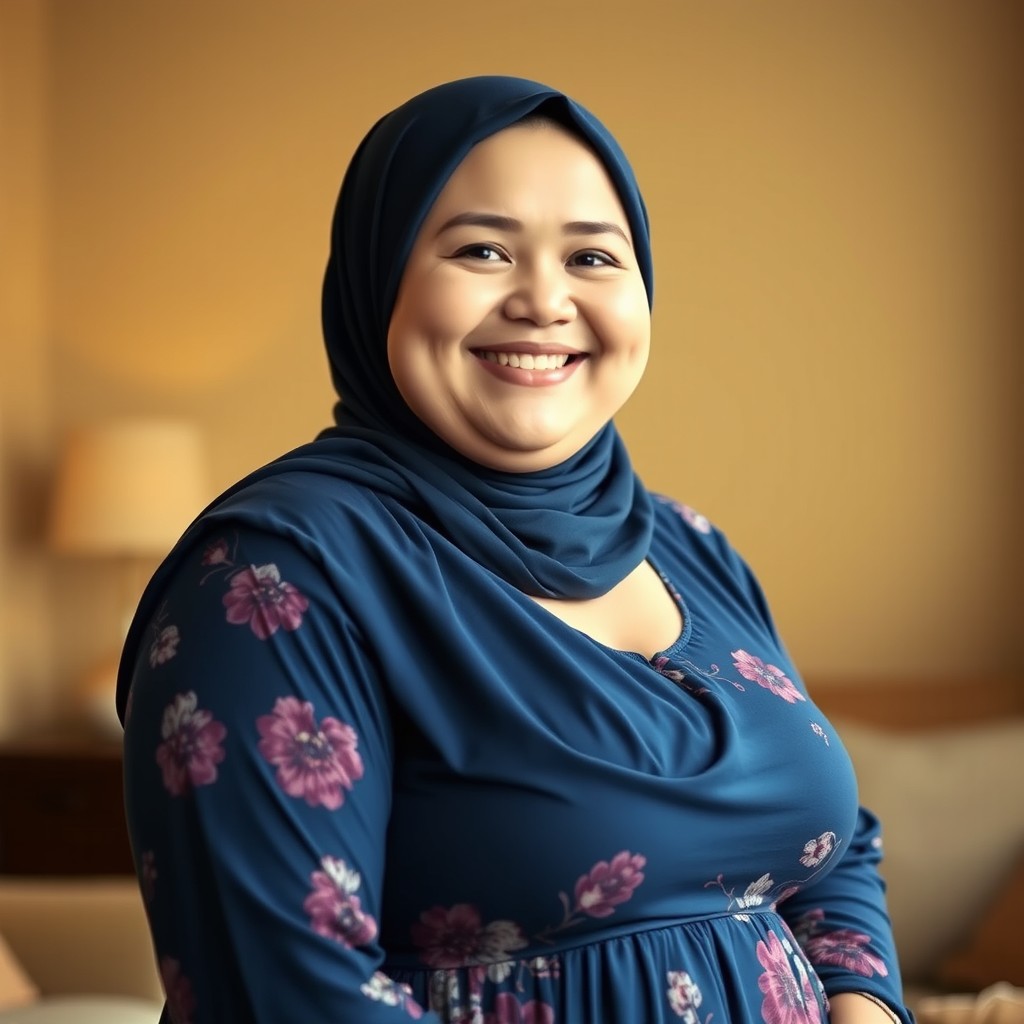 A chubby white woman with a sweet, happy smile, wearing a dark blue hijab and a long floral printed blue dress