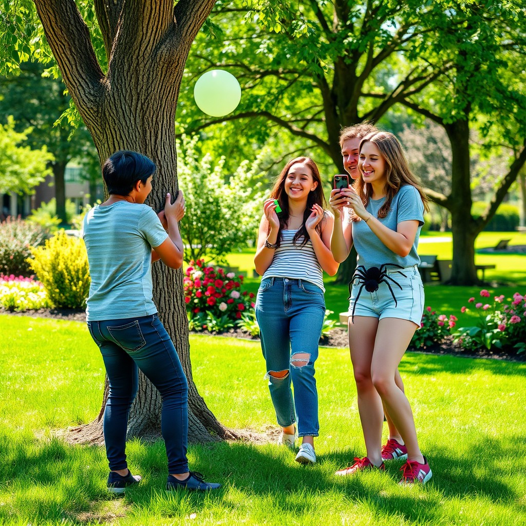 A playful scene of four friends engaging in light-hearted pranks with each other in a vibrant, sunny park
