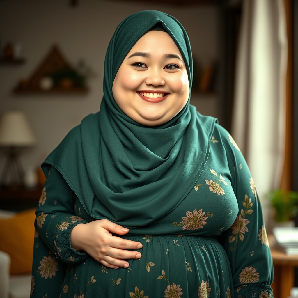 A chubby white woman with a sweet, happy smile, wearing a dark green hijab and a long floral printed green dress
