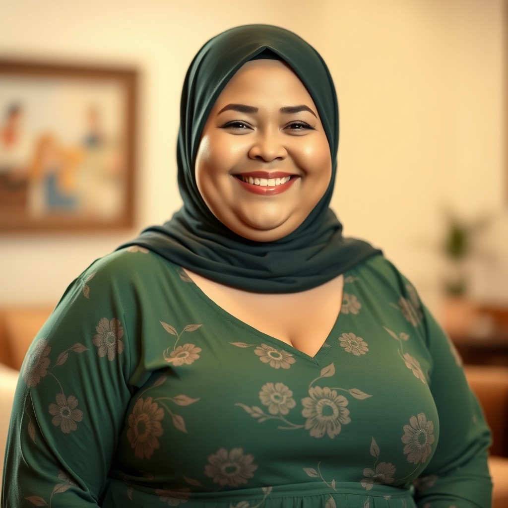 A chubby white woman with a sweet, happy smile, wearing a dark green hijab and a long floral printed green dress