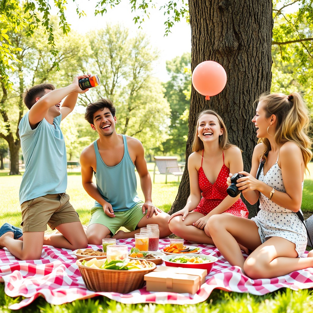 A lively scene depicting four friends engaged in a series of playful pranks at a picnic in a sunny park