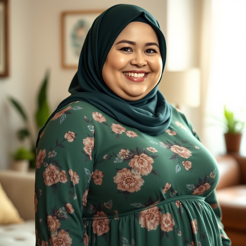 A chubby white woman with a sweet, happy smile, wearing a dark green hijab and a long floral printed green dress