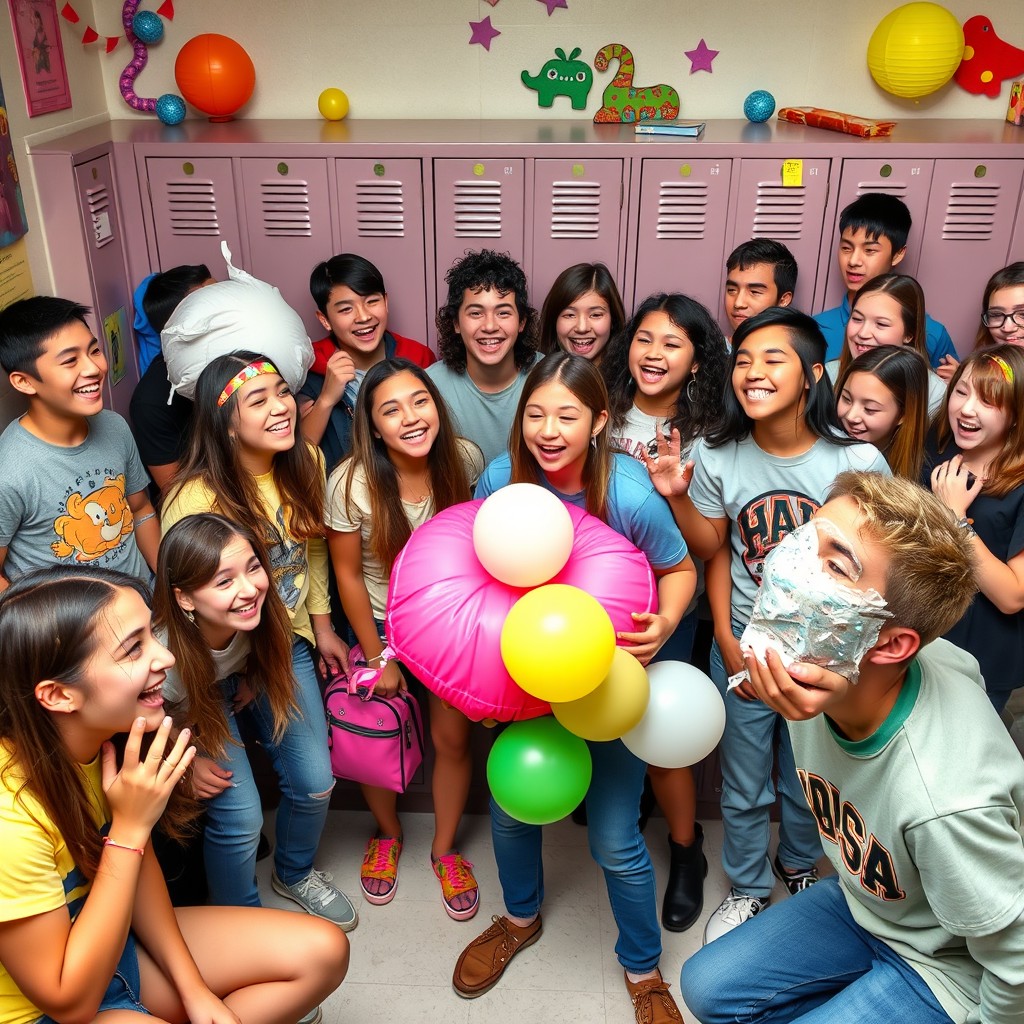 A lively high school scene filled with students enjoying playful pranks