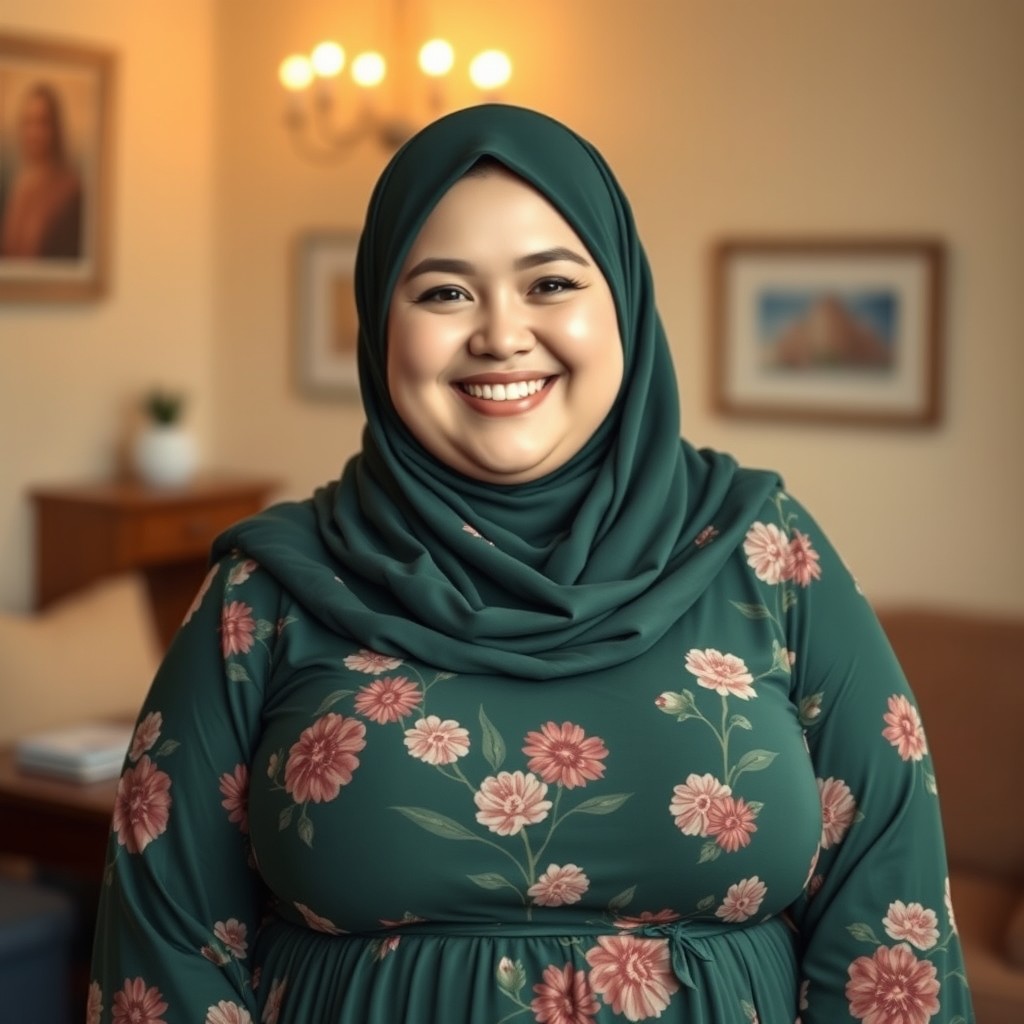 A chubby white woman with a sweet, happy smile, wearing a dark green hijab and a long floral printed green dress