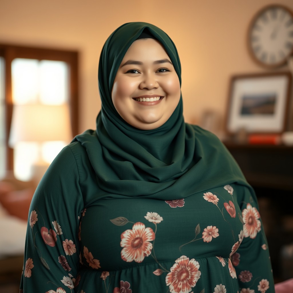 A chubby white woman with a sweet, happy smile, wearing a dark green hijab and a long floral printed green dress