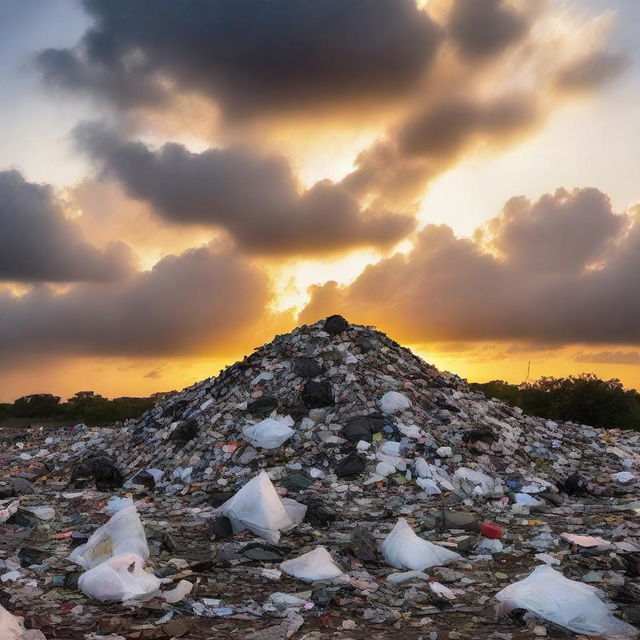 A pile of garbage dramatically contrasted against a stunning sunset