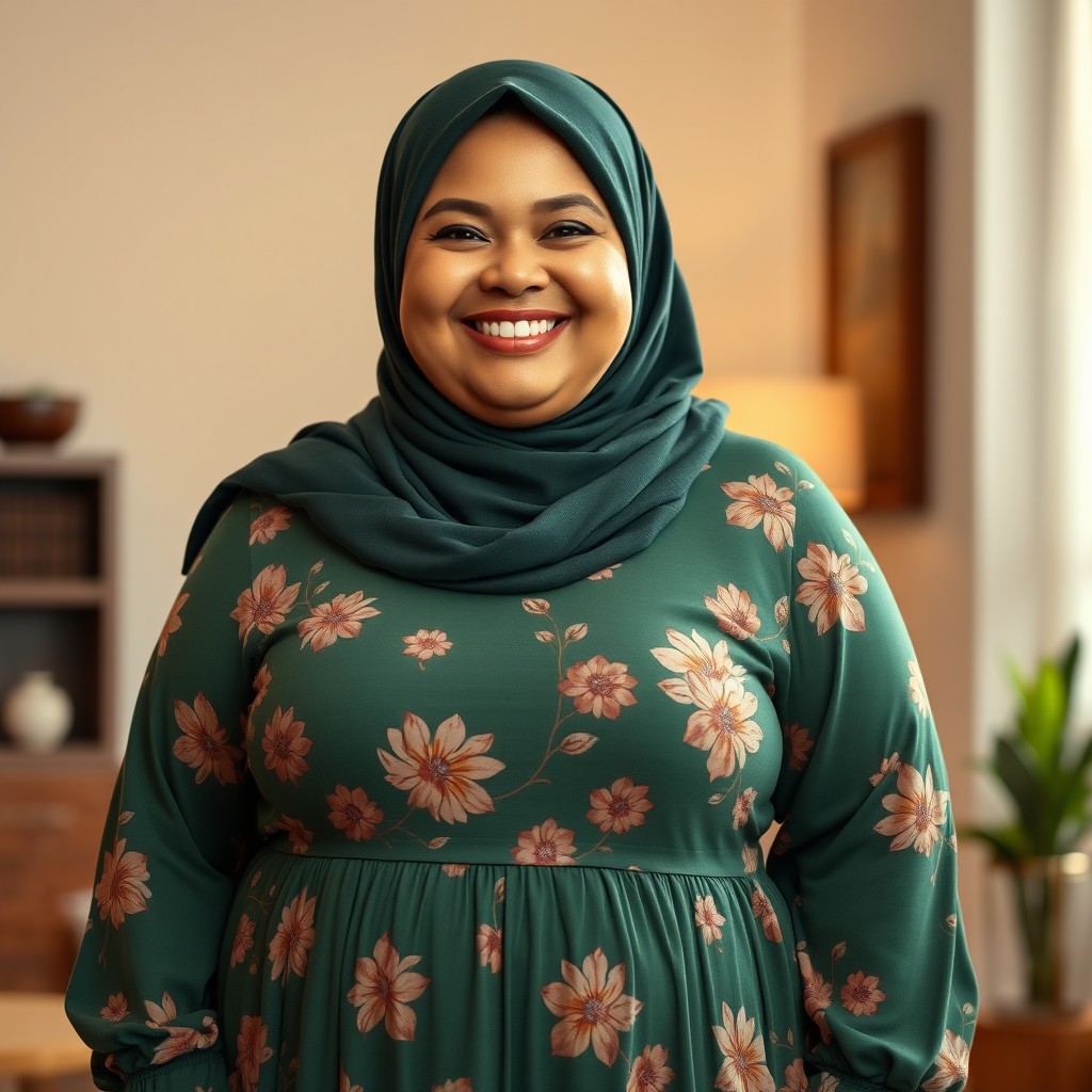 A chubby white woman with a bright, happy smile, wearing a dark green hijab and a long floral printed green dress