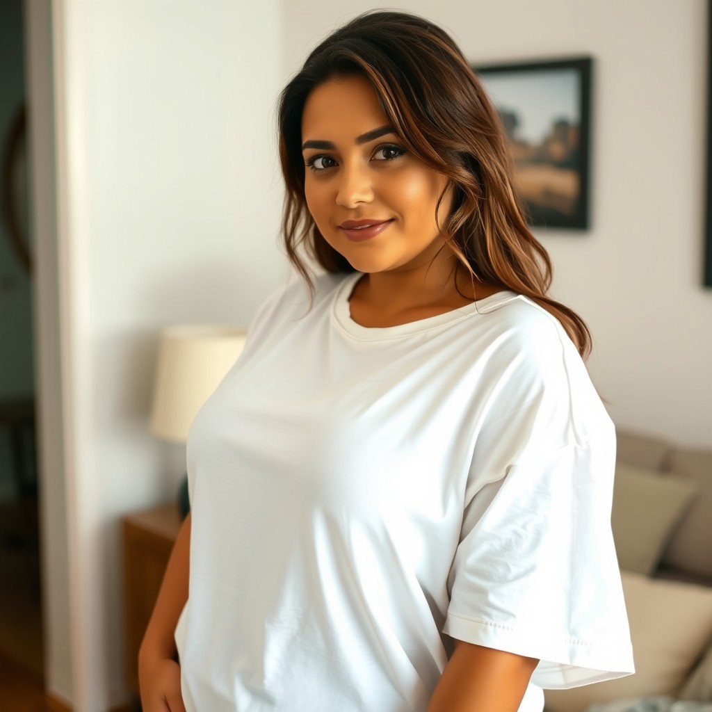 A beautiful woman with a voluptuous figure wearing a loose white t-shirt that subtly accentuates her curves