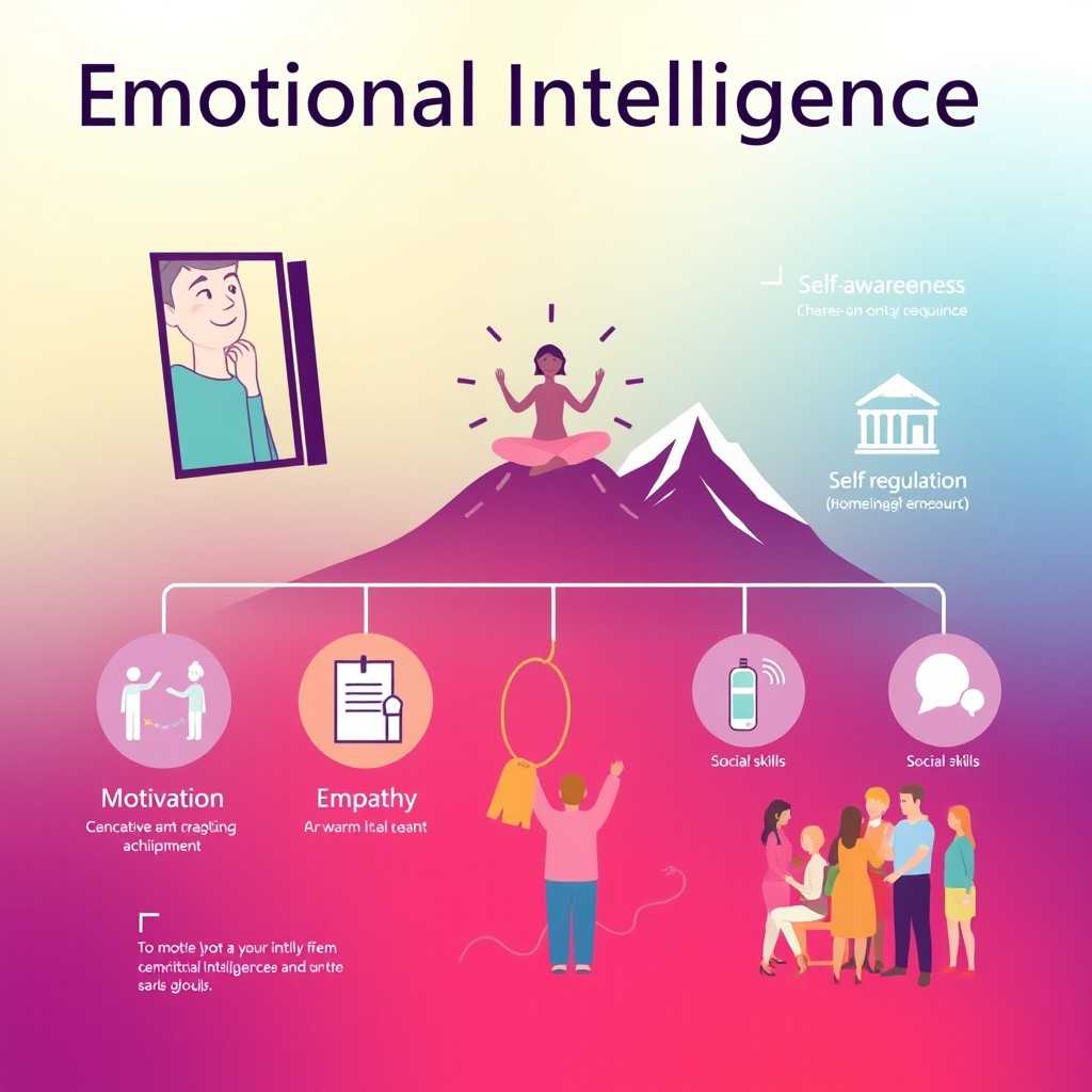 A visually engaging infographic representing Emotional Intelligence with five key components: Self-awareness (depicted as a person looking in a mirror with thoughtful expression), Self-regulation (illustrated as a person meditating with a calm aura), Motivation (shown as a person climbing a mountain symbolizing achievement), Empathy (represented by two people sharing a warm hug or conversation), and Social skills (illustrated with a diverse group of people collaborating in a circle)