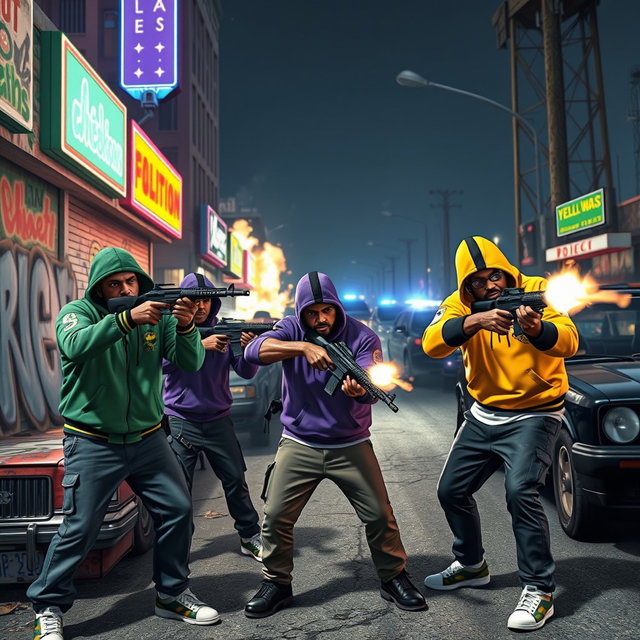 A dynamic and intense scene representing a gang war in GTA Online featuring three distinct gangs: the Greens, the Purples, and the Yellows