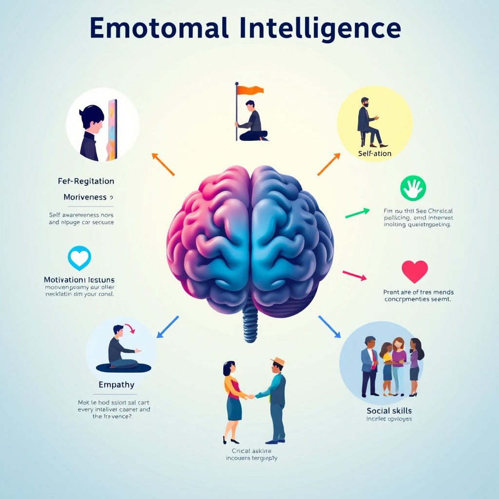 A detailed infographic illustrating the concept of Emotional Intelligence, featuring a central brain image depicting emotional states