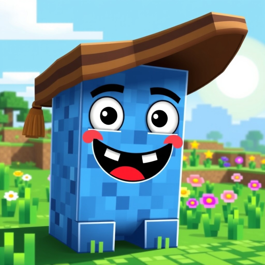 A cheerful blue Creeper character from Minecraft, wearing a traditional hat