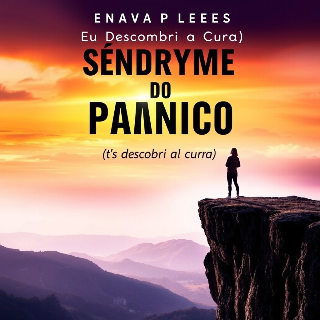 A dramatic book cover for 'Síndrome do Pânico: Eu Descobri a Cura', featuring a person standing at the edge of a cliff overlooking a serene landscape, symbolizing relief and freedom from anxiety