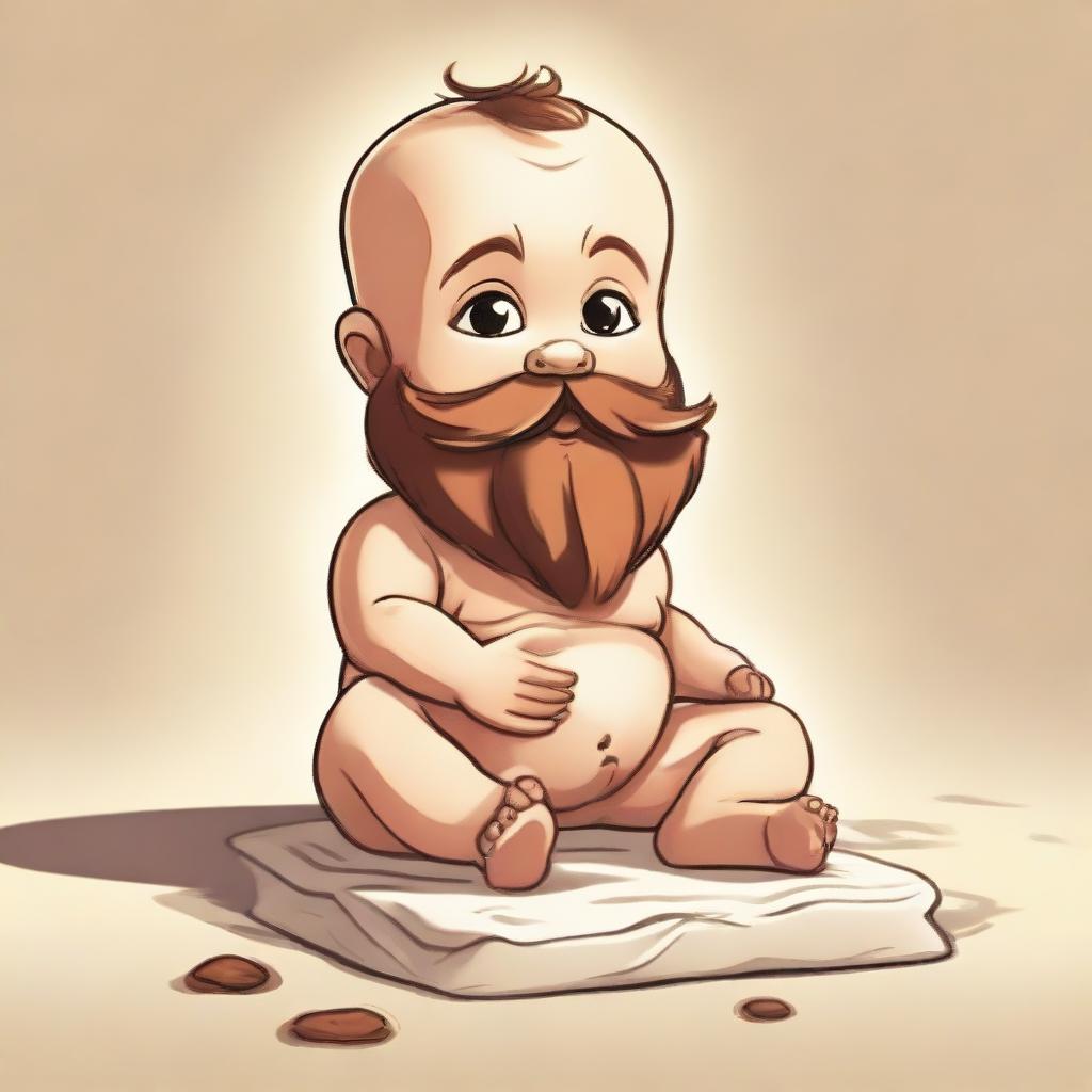 Animated, legendary depiction of a comical baby donning an Archimedes-style beard, sitting on the floor.