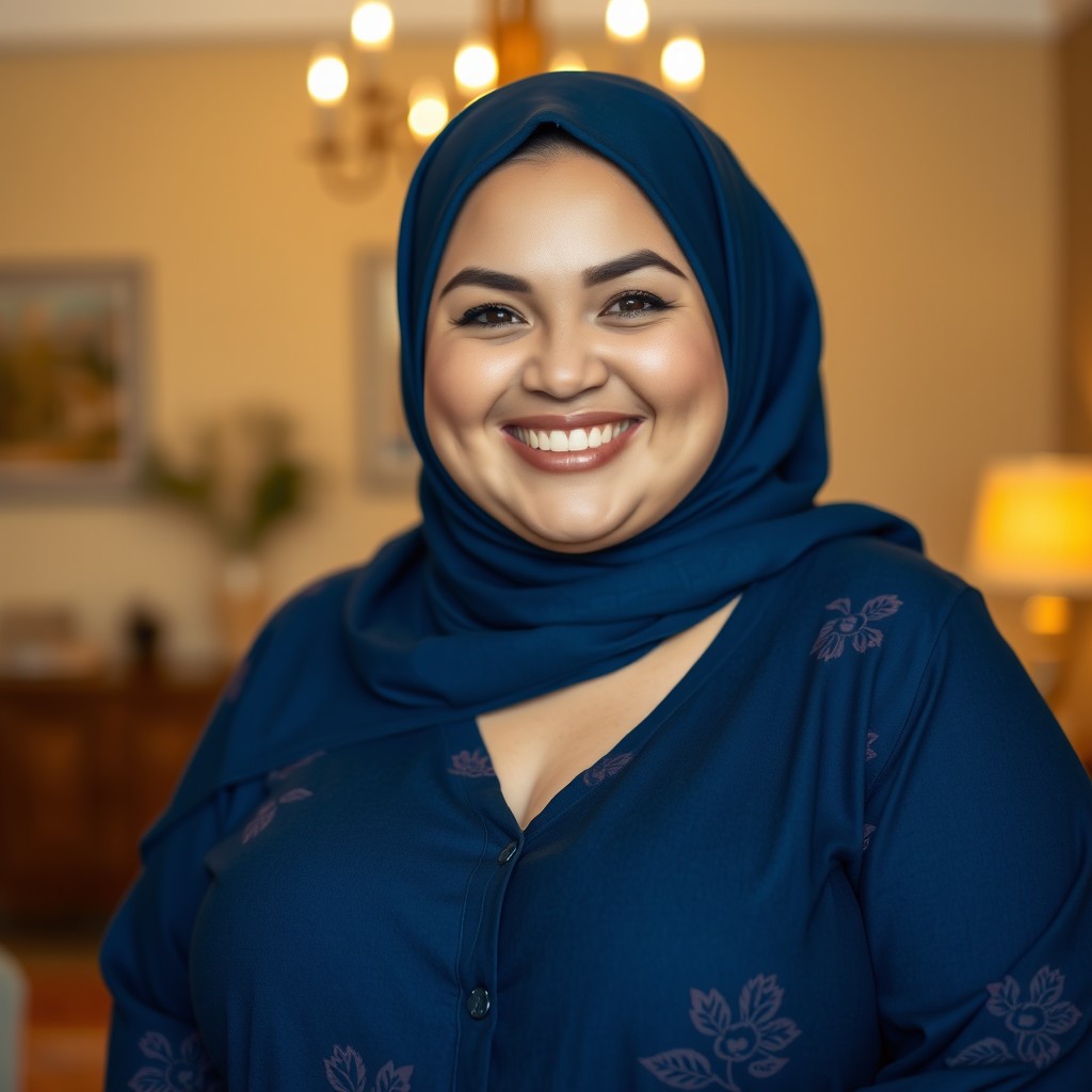 A cheerful, plus-size Caucasian woman with a sweet smile, wearing a dark blue hijab and a long blue shirt with floral patterns