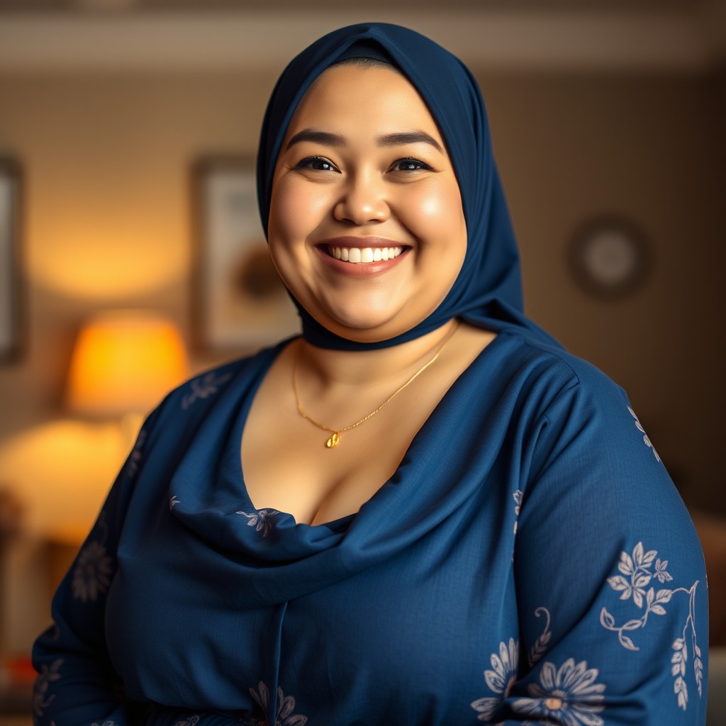 A cheerful, plus-size Caucasian woman with a sweet smile, wearing a dark blue hijab and a long blue shirt with floral patterns