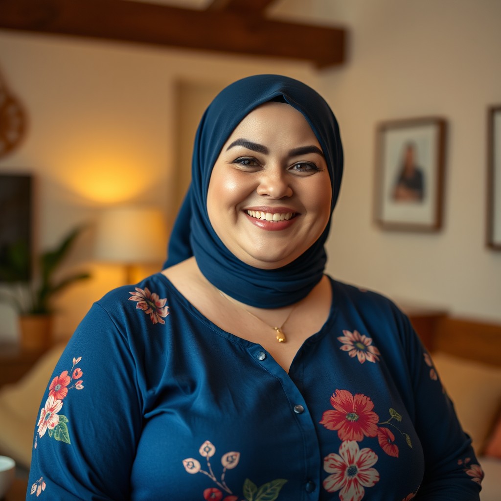 A cheerful, plus-size Caucasian woman with a sweet smile, wearing a dark blue hijab and a long blue shirt adorned with floral patterns