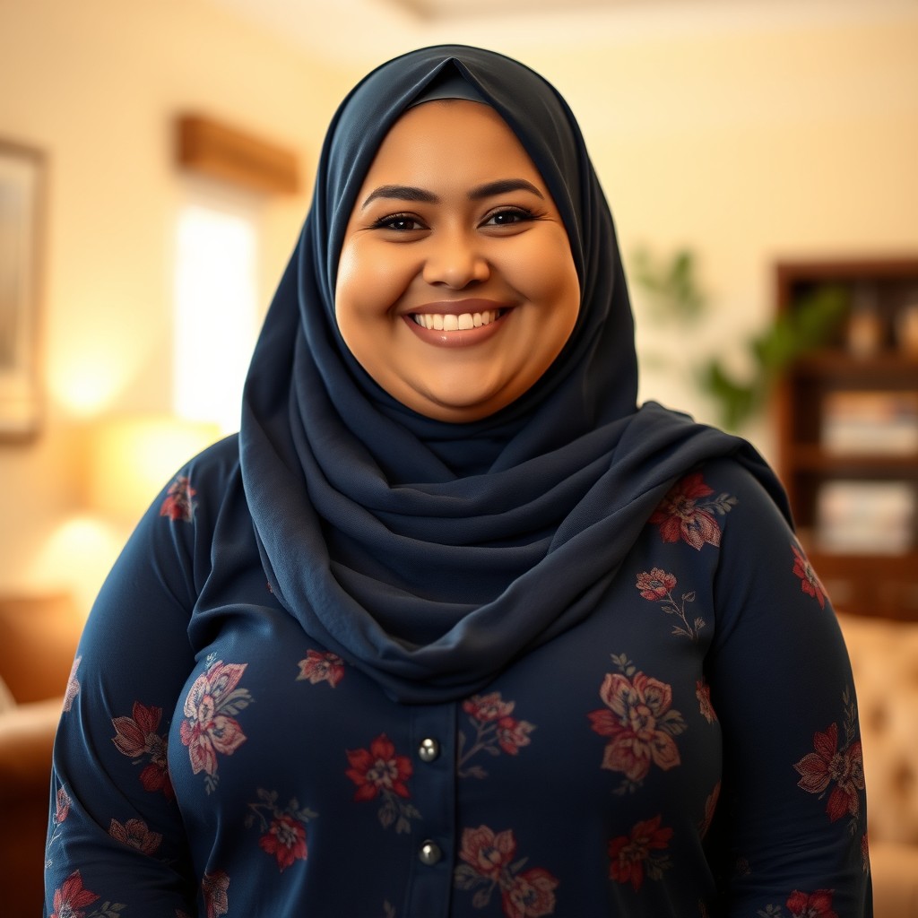 A cheerful, plus-size Caucasian woman with a sweet smile, wearing a dark blue hijab and a long blue shirt with floral patterns