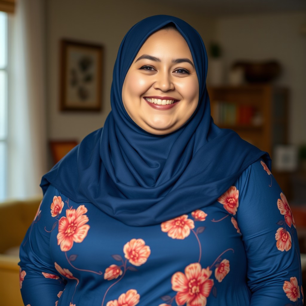 A cheerful, plus-size Caucasian woman with a sweet smile, wearing a dark blue hijab and a long blue shirt featuring floral patterns